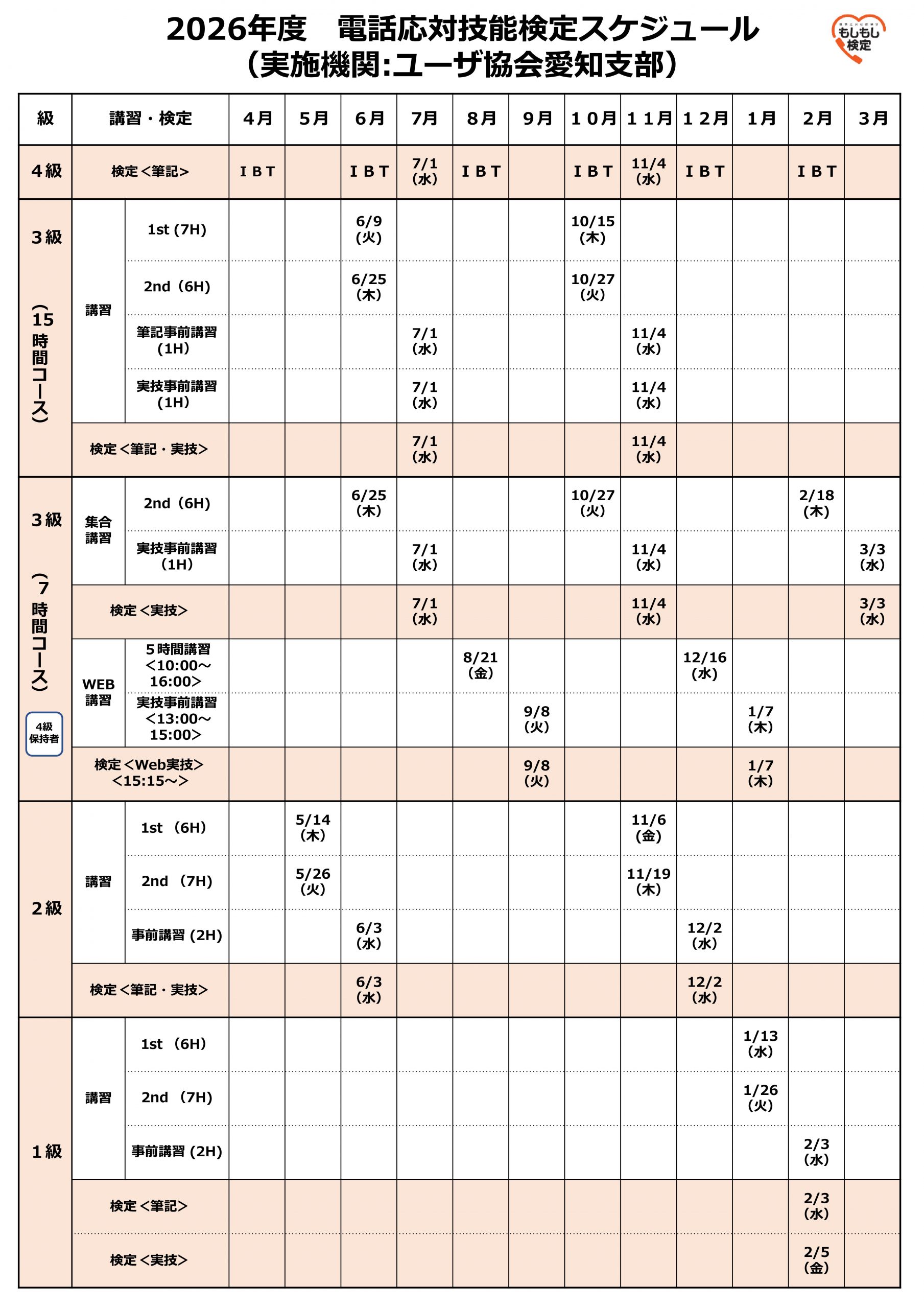 2026年度 電話応対技能検定 開催スケジュール